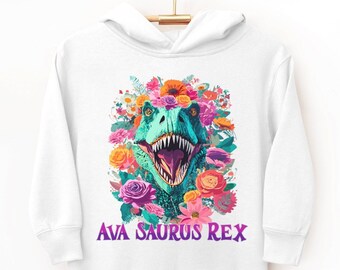 Dinosaur Girls Personalized Hoodie Custom Name Sweatshirt, Toddler Girl Dinosaur Shirt, T-Rex Birthday Outfit Kid Gift, Pink Three Rex Shirt
