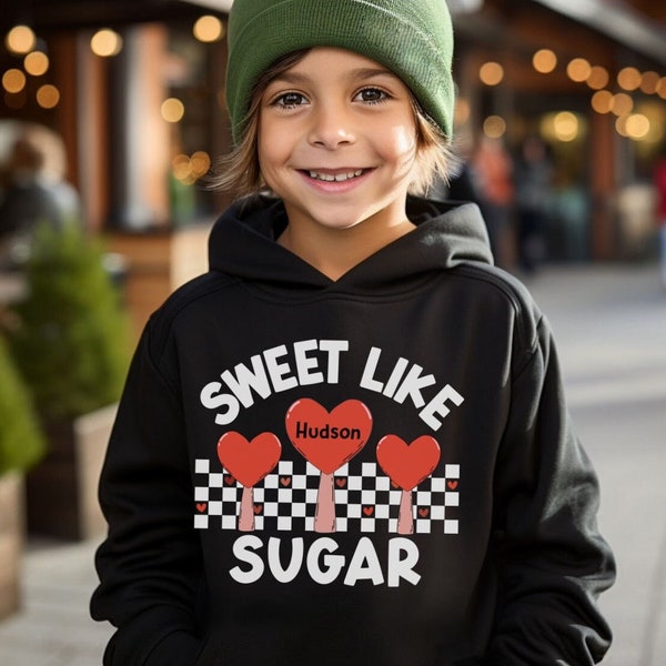 Kids Custom Valentine’s Day Hoodie, Personalized Toddler Boy Valentine Shirt Retro Girl Outfit, Checkered Hooded Sweatshirt Custom Name Gift