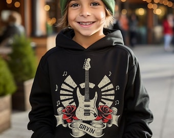 Kids Rock n Roll Custom Shirt, Guitar Personalized Name TShirt Birthday Boy Outfit Music Lover Hooded Sweatshirt Grunge Cool Toddler Clothes