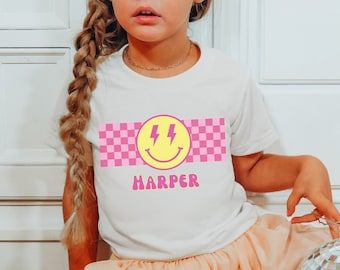 Groovy Pink Custom Name Toddler Girl Shirt, Personalized Kid Smiley Checkered TShirt, Family Matching Birthday Gift Outfit Sister Mommy & Me