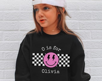 Kids Personalized Sweatshirt Custom Name, Girl Crewneck Sweatshirt Pink Smiley, Checkered Shirt Toddler Boy Gift, Groovy Punk Kid Clothes