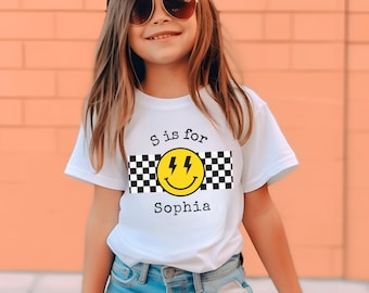 Personalized Toddler Girl & Boy Shirt, Custom Name Smiley Graphic Tee, Checkered Toddler TShirt Edgy, Cool Kid Clothes Initials Custom Gift