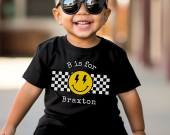 Personalized Toddler Boy & Girl Shirt, Custom Name Smiley Graphic Tee, Checkered Toddler TShirt Edgy, Cool Kid Clothes Initials Custom Gift