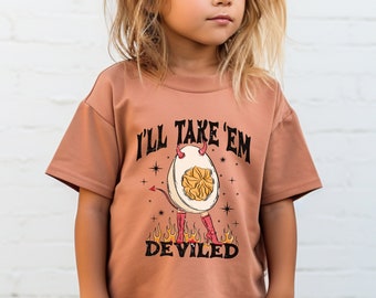 Thanksgiving Big Kid Deviled Egg Shirt, Thanksgiving Kid Toddler T-Shirt Boy Girl, Funny Fall Tee, Flame Trendy Crew Neck Take 'Em Deviled