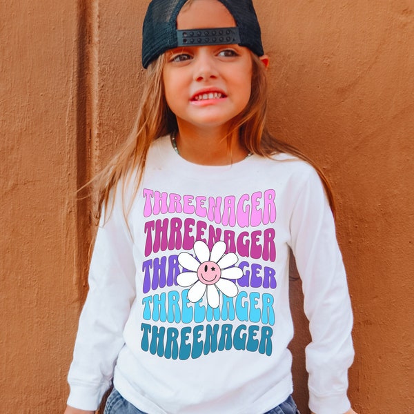 Threenager Toddler Girl Long Sleeve T-Shirt, Third Birthday Outfit Girl Gift, Groovy Kid Clothes Little Miss Threenager Shirt 3T 3 Year Old