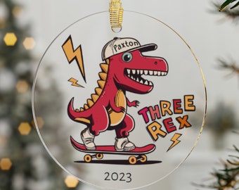 Custom Dinosaur Christmas Ornament, Three Rex Toddler Boy Girl Dinosaur Ornament Personalized, 3 Year Old Gift T Rex, Kid Custom Name Year