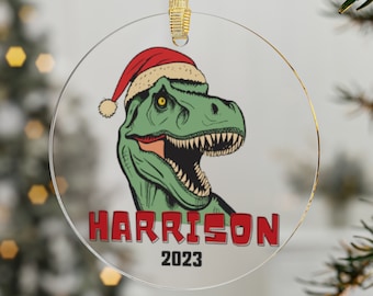 Personalized Dinosaur Ornament Kid Name 2023, Custom T Rex Ornament, Toddler Boy Christmas Gift Girl Custom Name Year, Santa T-Rex Ornament