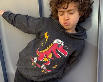 Dinosaur Toddler Hoodie Custom Name Sweatshirt, Skater Boy Sweatshirt Girl Personalized Gift for Kids, Skateboarding T Rex Punk Kid Clothes