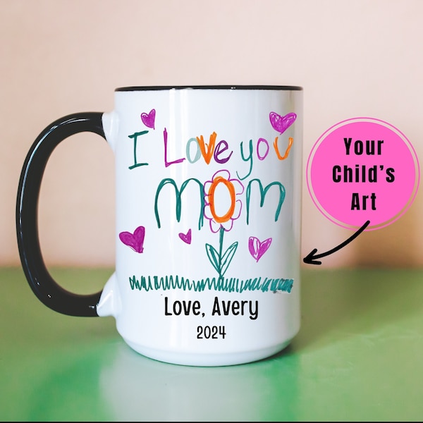 Oeuvre d'art personnalisée pour enfant, mug, idée cadeau fête des mères, dessin d'enfant, tasse à café, cadeau maman de son fils, fille, nom personnalisé souvenir 2024