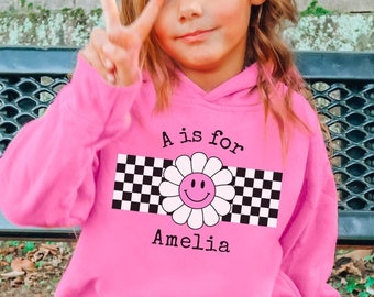 Personalized Toddler Girl Hoodie, Kid Custom Name Sweatshirt, Little Girl Gift, Checkered Toddler Shirt, Punk Kid Clothes Hooded Sweatshirt