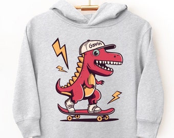 Dinosaur Toddler Hoodie Custom Name Sweatshirt, Skater Boy Sweatshirt Girl Personalized Gift for Kids, Skateboarding T Rex Punk Kid Clothes