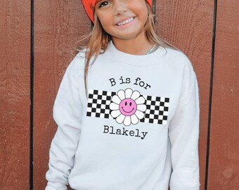 Custom kindernaam gepersonaliseerd sweatshirt voor meisjes, smiley bloemenmeisje sweatshirt met ronde hals geruit shirt, retro alternatieve punk kinderkleding