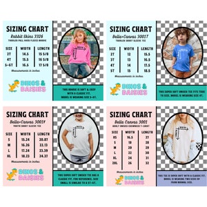 May include: Sizing chart for toddler and youth clothing. The chart shows the width and length measurements in inches for different sizes of hoodies and t-shirts. The chart also includes a photo of a child wearing each type of clothing.