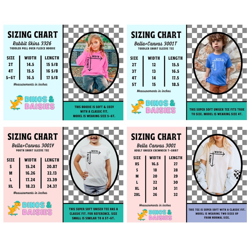 May include: Sizing chart for toddler and youth clothing. The chart shows the width and length measurements in inches for different sizes of hoodies and t-shirts. The chart also includes a photo of a child wearing each type of clothing.