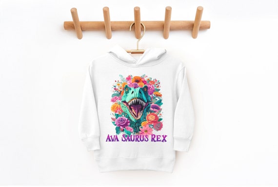 Dinosaur Girls Personalized Hoodie Custom Name Sweatshirt, Toddler Girl Dinosaur Shirt, T-Rex Birthday Outfit Kid Gift, Pink Three Rex Shirt