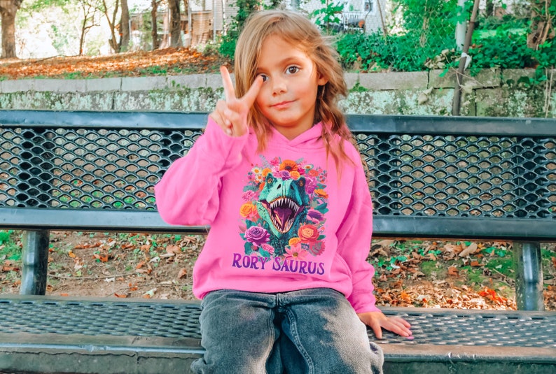 May include: A pink hoodie with a floral design and a dinosaur graphic. The dinosaur has a floral crown and the text "Rory Saurus" is printed below the graphic.