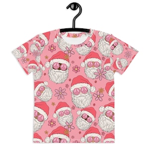 Groovy Santa Girls Christmas Shirt | Pink Christmas Kids Crew Neck T-Shirt Gift for Toddler Girl Big Kid | Peace Sign Floral Black Santa