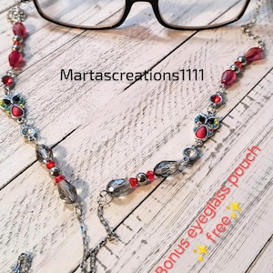eyeglass chain owl charm/ whimsical/ red ruby gemstone/ gifts for her / sunglasses accessories*Bonus eyeglass pouch**