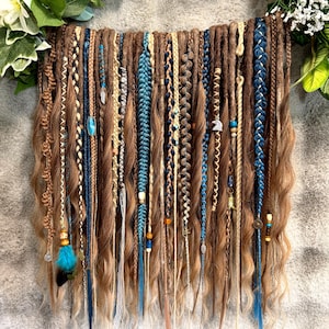 Boho Dreadlocks Braids, Brown Blue Ocean Wave Curls, Synthetic Hair Extensions Full Set