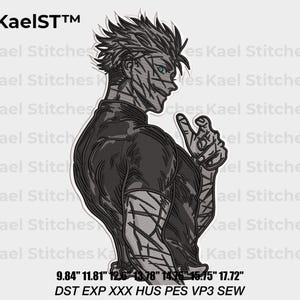Puede incluir: Un diseño de bordado digital en blanco y negro de un personaje con una cicatriz en la cara. El diseño está disponible en varios tamaños, desde 9,84 pulgadas hasta 17,72 pulgadas. El diseño es para usar con máquinas de bordar e incluye los formatos de archivo DST, EXP, XXX, HUS, PES, VP3 y SEW.