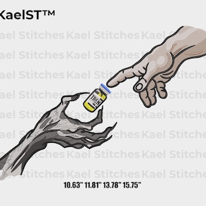 May include: An embroidered design featuring two hands, one human and one skeletal, exchanging a vial labeled "TREN." The design includes the text "KaelST™" and measurements of 10.63", 11.81", 13.78", and 15.75".