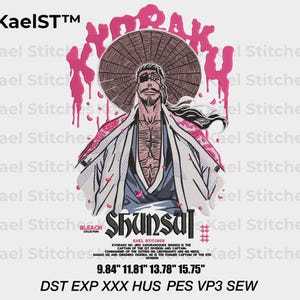 Puede incluir: Diseño bordado con un personaje con un sombrero grande y una túnica abierta, con el texto "Shunsui" y "Kyoraku". El diseño incluye detalles en rosa y el texto "KaelST". Medidas: 25 cm, 30 cm, 35 cm y 40 cm.