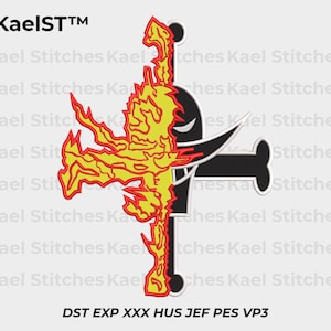 Puede incluir: Cruz negra y blanca con un diseño de llama amarilla y roja. El texto "DST EXP XXX HUS JEF PES VP3" está debajo de la cruz.
