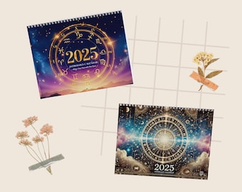 May include: Two astrology calendars with a 2025 theme. The first calendar features a dark blue background with gold zodiac symbols and the text "2025 Astrology Calendar - Align Your Year with the Stars". The second calendar has a dark blue background with a gold circle of zodiac symbols and the text "2025 Astrology Calendar".