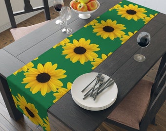 Tafelloper met zonnebloemprint, katoen of polyester, lentedecor