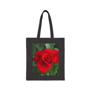 RED ROSE Cotton Canvas Tote Bag - Great Holiday Gift Idea for Gardeners, Flower Lovers - Unique and Pretty Bag for Walking, Carrying Items