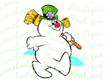 May include: A cartoon snowman wearing a green hat with a flower on top, holding a broom and a pipe. The snowman is walking on a blue and white background.