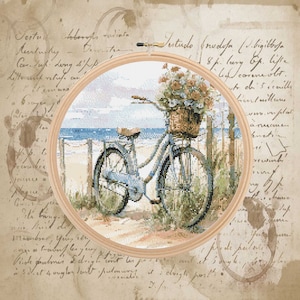 Beach Bike with flower Cross Stitch Pattern Embroidery