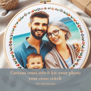 Op de afbeelding: Een ronde borduurring met een kruissteekontwerp van een gezin van drie. Het ontwerp toont een man, een vrouw en een kind. De achtergrond is een strandscène met blauw water en wit zand. De tekst "Custom cross stitch kit your photo your cross stitch PDF DOWNLOAD" staat onderaan de afbeelding.