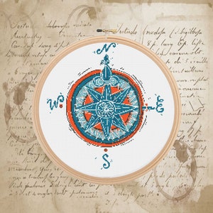 May include: A white embroidery hoop with a blue and red compass design. The compass has a star in the center and the letters N, S, E, and W around the outside.