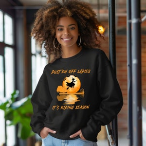 Dust Em off Ladies, Halloween,  Witches, Funny, Womens shirts, PNG file, Sublimation, DTF, Reflecting moon, Witch riding broom,