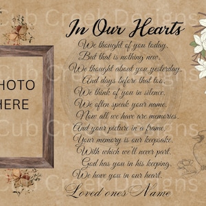 May include: A printable memorial poem with a photo frame, floral accents, and a bird illustration. The poem reads "In Our Hearts" and includes the text "We thought of you today. But that is nothing new. We thought about you yesterday. And days before that too. We think of you in silence. We often speak your name. Now all we have are memories. And your picture in a frame. Your memory is our keepsake. With which we'll never part. God has you in his keeping. We have you in our heart. Loved ones Name"