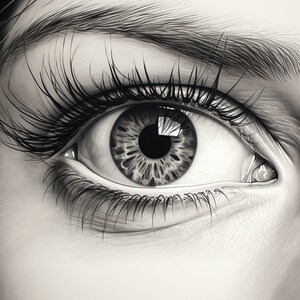 May include: A close-up of a black and white drawing of a human eye. The eye is looking directly at the viewer. The iris is detailed with a complex pattern.