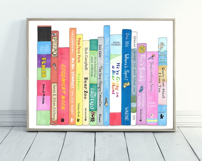 Children's book lovers book shelf illustration print A4