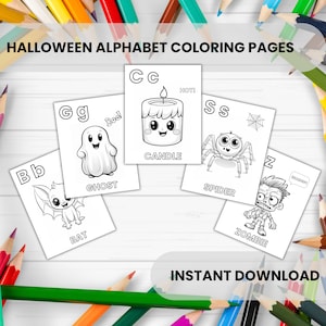 Páginas para colorear de Halloween para niños con diseño de Halloween y otoño, letras del alfabeto, ABC imprimible, libro para colorear para niños