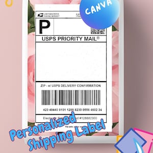 May include: A white USPS Priority Mail shipping label with a pink floral background. The label includes a barcode, the text "ZIP - e/ USPS DELIVERY CONFIRMATION", and the tracking number "420 49440 9101 1288 8230 0556 4602 34". The label also includes the text "Personalized Shipping Label" and the number "#128882300".
