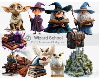 Wizard School Clipart PNG Bundle, Halloween Clipart, Watercolor Witch and Wizard, Magic Potions, Magic Academia Bundle for Instant Download