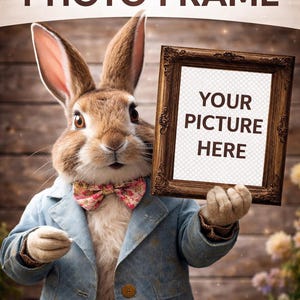 May include: A whimsical image features a bunny dressed in a blue jacket and bow tie, holding a photo frame. The frame has the text "YOUR PICTURE HERE". The words "Custom Bunny PHOTO FRAME" are at the top. The bottom text reads "PERSONALIZED & FUN DIGITAL DOWNLOAD".