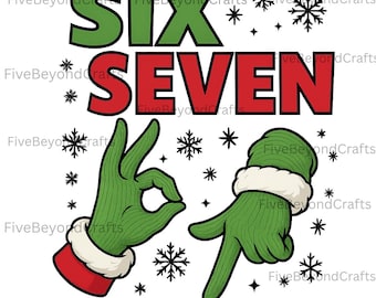 Può includere: Un design grafico con le parole "SIX SEVEN" in verde e rosso, con mani verdi che fanno i gesti "OK" e "sette". Le mani indossano guanti verdi con finiture rosse e bianche, con fiocchi di neve sparsi.