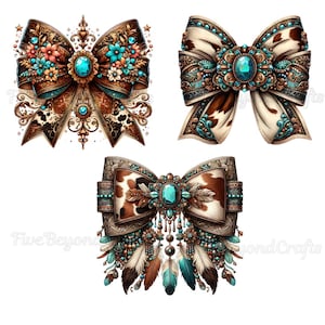 May include: Three decorative bows with a western theme. The bows are made of brown and white fabric with gold and turquoise embellishments. The bows are perfect for adding a touch of rustic elegance to any project.