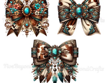 May include: Three decorative bows with a western theme. The bows are made of brown and white fabric with gold and turquoise embellishments. The bows are perfect for adding a touch of rustic elegance to any project.
