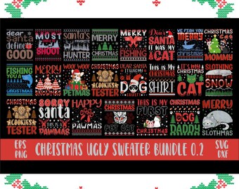 May include: A black graphic featuring multiple Christmas-themed ugly sweater designs. The designs include text and images of cats, dogs, snowmen, and Christmas trees. The words "Christmas Ugly Sweater Bundle 0.2" are also present.