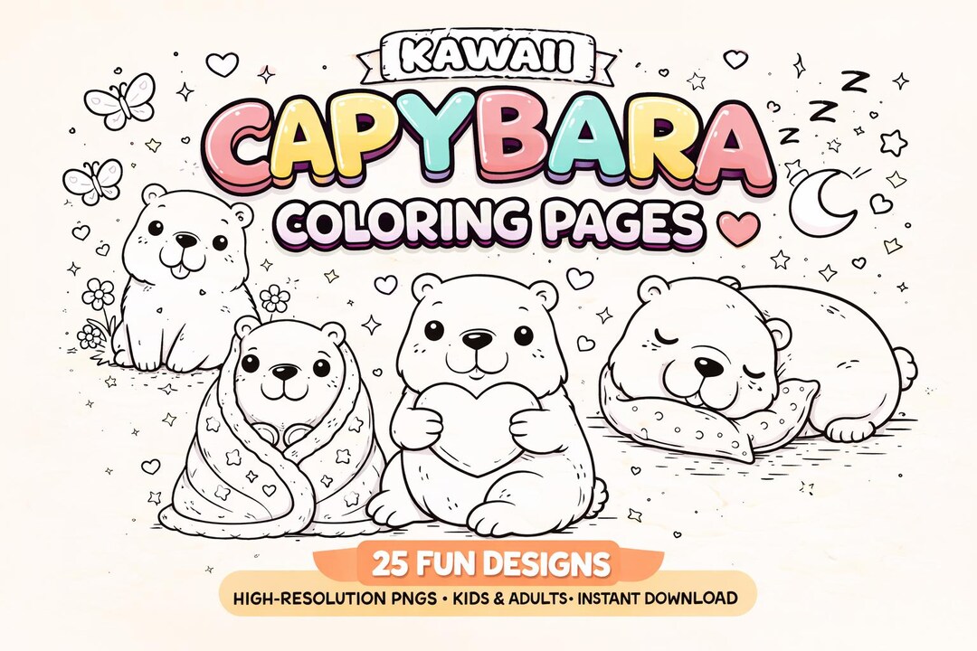 Kawaii Capybara Coloring Pages Printable, 25 Cute Animal Coloring Sheet ...