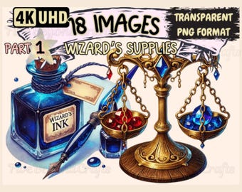 Wizard's Supplies Clipart PNG Bundle, Clipart, Watercolor Witch and Wizard, Magic Potions, Magic Academia Bundle for Instant Download