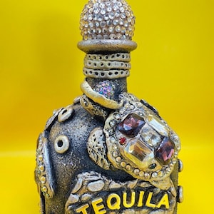 Handmade Tequila Bottle Art: Patron Bottle Decor with Clay Turtles