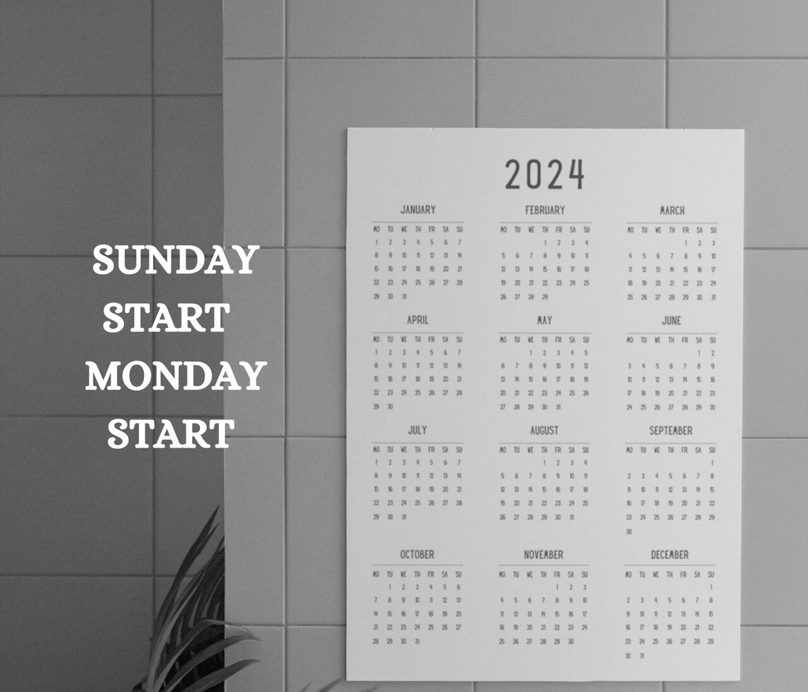 Yearly Calendar 2024, 2024 Year Calendar Printable, Year at a Glance, Minimalist Calendar 2024